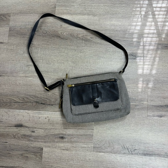 Fossil Kinely Crossbody Bag Leather and Textile Checkered Black & White - Picture 2 of 13